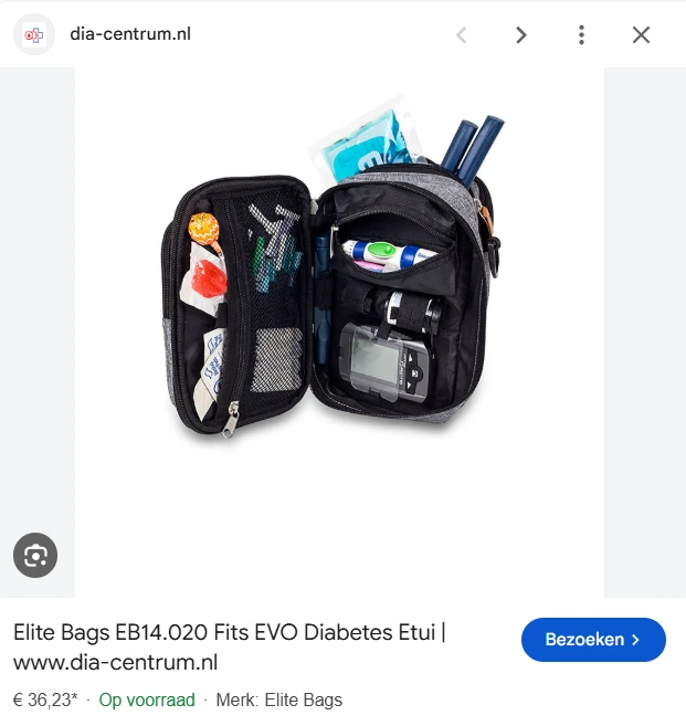 User-supplied product listing screenshot of an open Elite Bags diabetes pouch