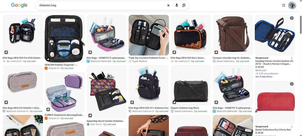 User-supplied Google Images screenshot showing a range of diabetes bags and medical pouches